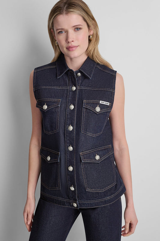 DKNY LONGLINE DENIM TRUCKER VEST