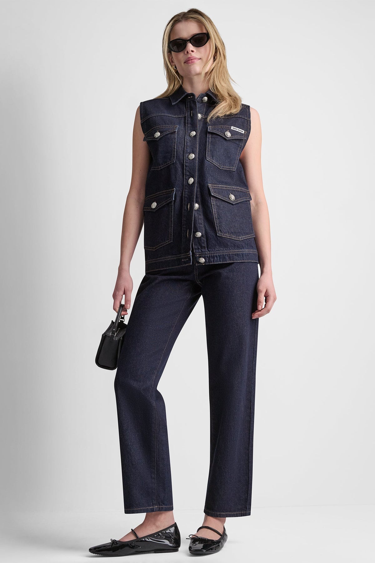 DKNY LONGLINE DENIM TRUCKER VEST