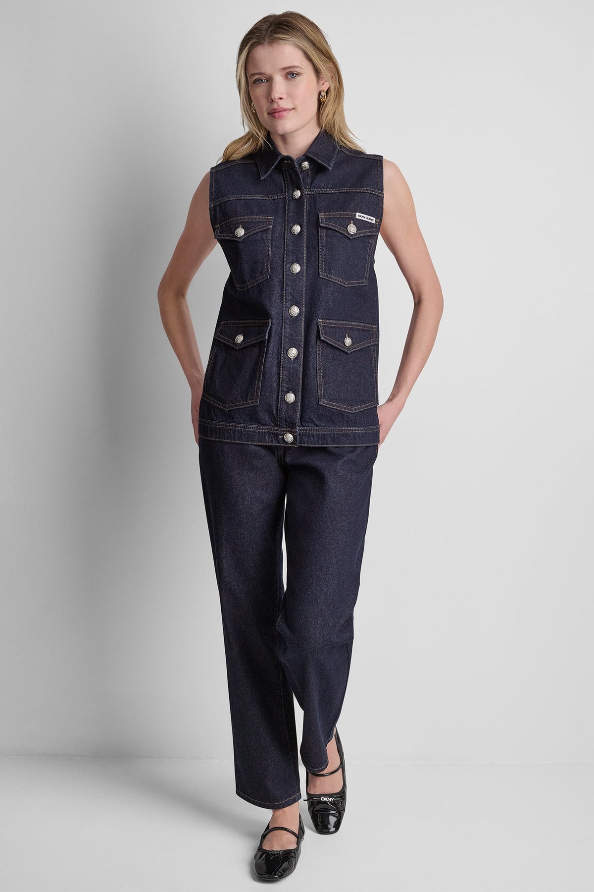 DKNY LONGLINE DENIM TRUCKER VEST