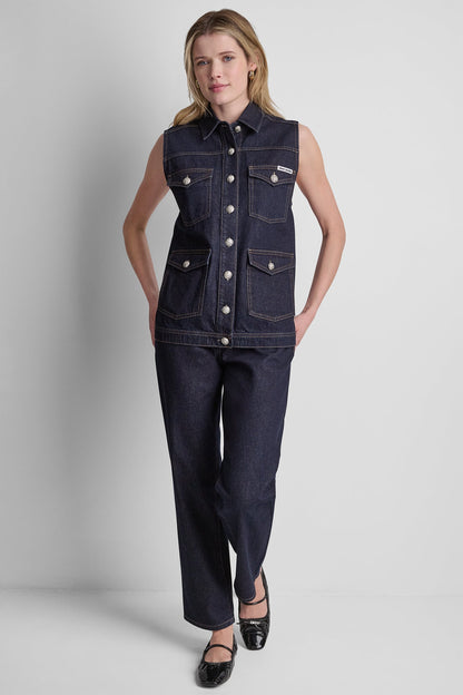 DKNY LONGLINE DENIM TRUCKER VEST