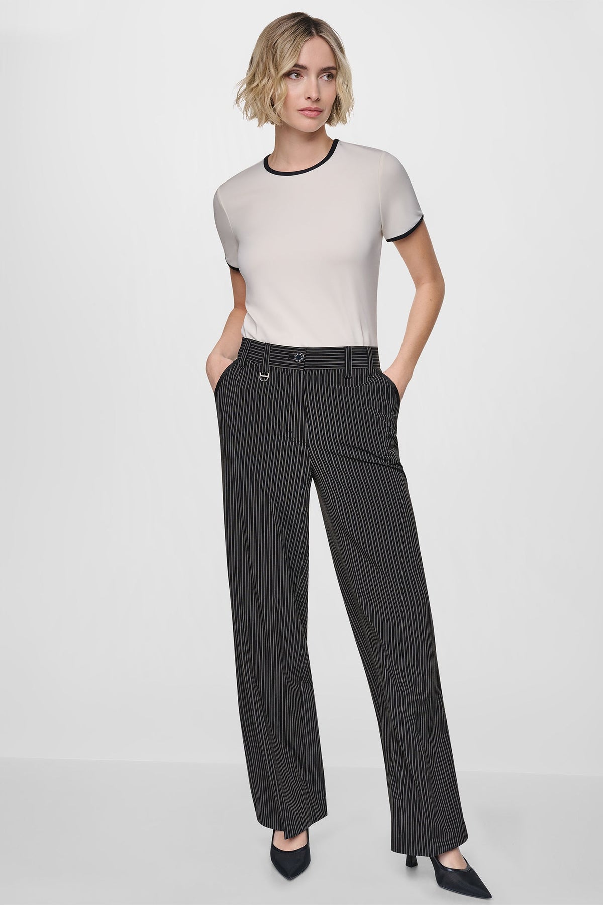 DKNY PINSTRIPE WIDE-LEG COMMUTER PANT