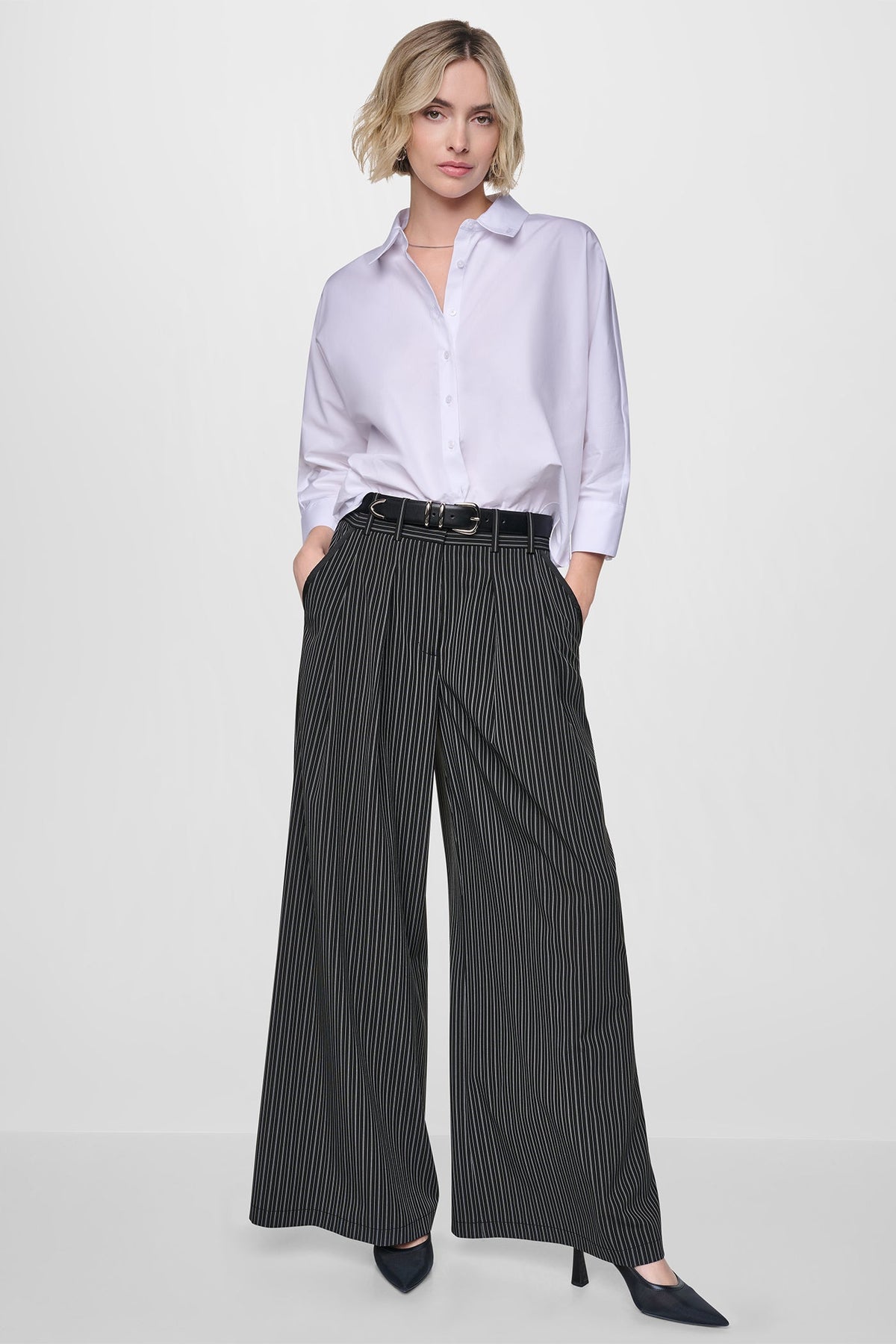 DKNY PINSTRIPE PLEATED STRAIGHT LEG COMMUTER PANT