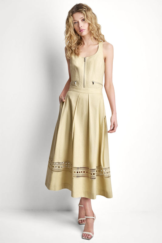 DKNY LINEN-BLEND LOOP LACE-TRIMMED PLEATED MIDI SKIRT