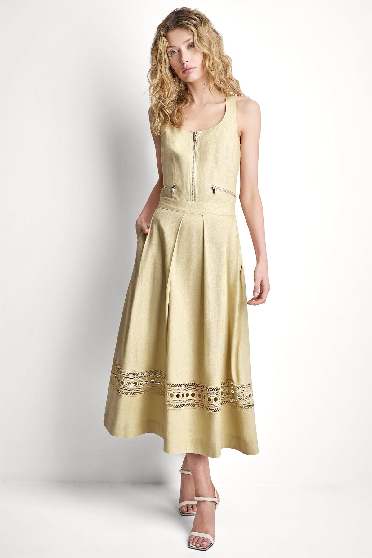 DKNY LINEN-BLEND LOOP LACE-TRIMMED PLEATED MIDI SKIRT