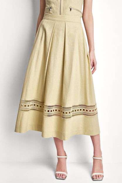 DKNY LINEN-BLEND LOOP LACE-TRIMMED PLEATED MIDI SKIRT