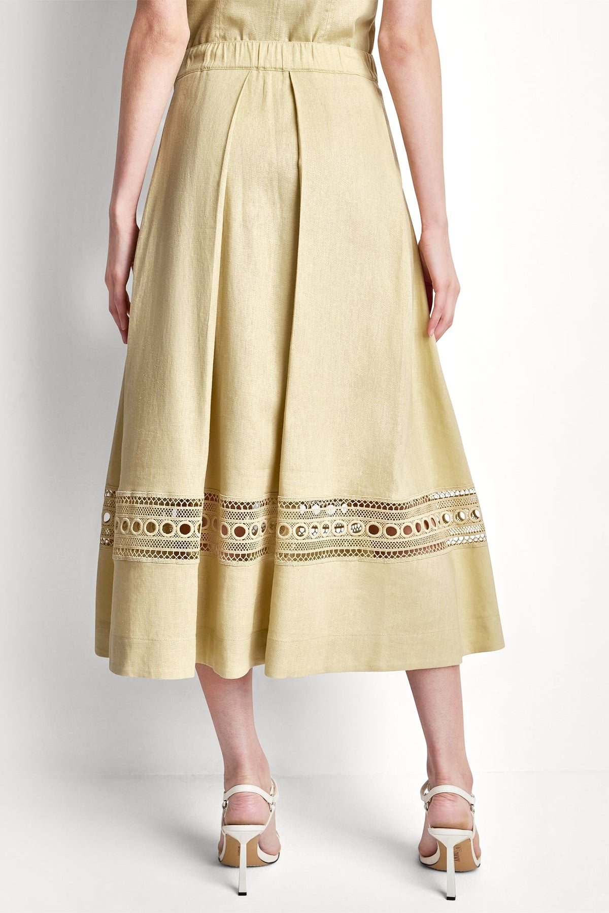 DKNY LINEN-BLEND LOOP LACE-TRIMMED PLEATED MIDI SKIRT