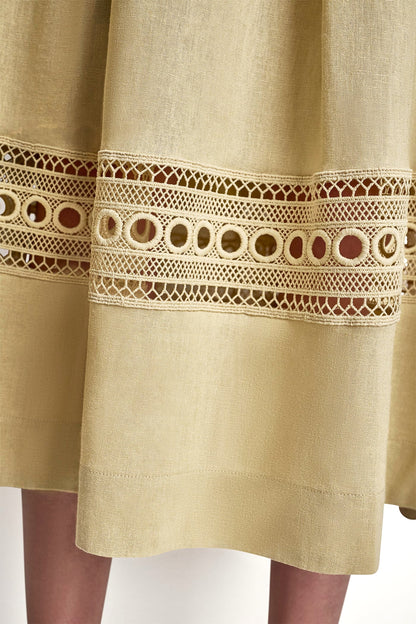 DKNY LINEN-BLEND LOOP LACE-TRIMMED PLEATED MIDI SKIRT