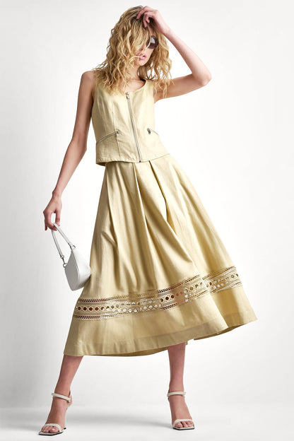 DKNY LINEN-BLEND LOOP LACE-TRIMMED PLEATED MIDI SKIRT