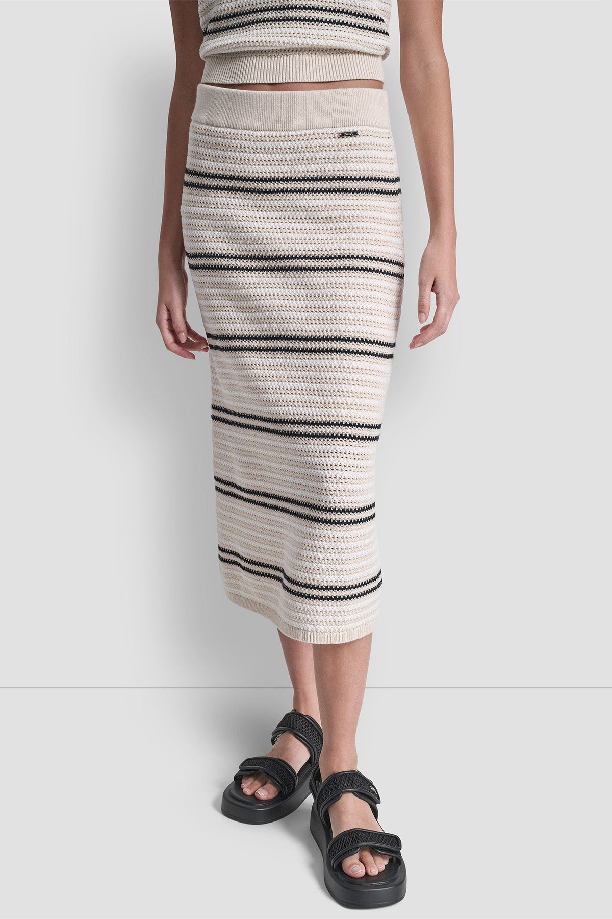 DKNY STRIPED POINTELLE STITCH MIDI SKIRT