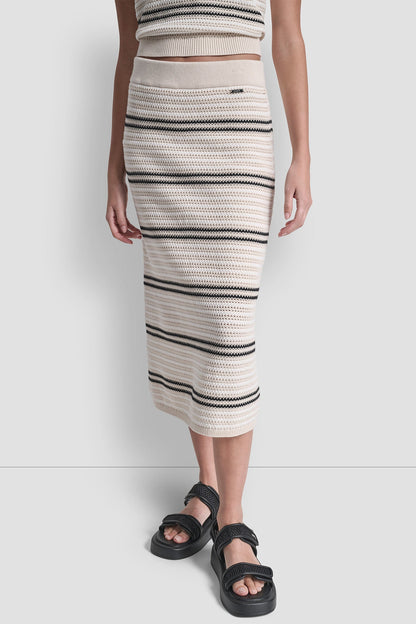 DKNY STRIPED POINTELLE STITCH MIDI SKIRT