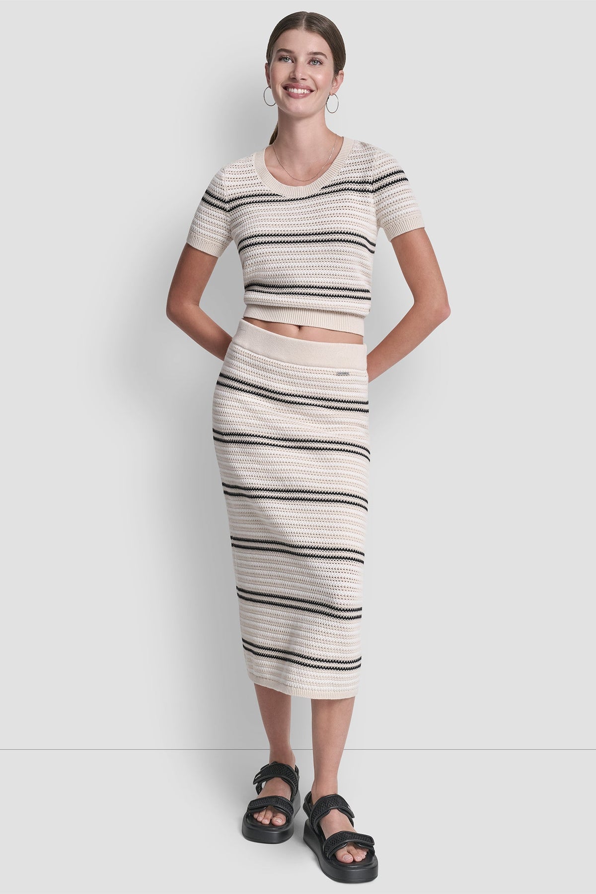 DKNY STRIPED POINTELLE STITCH MIDI SKIRT