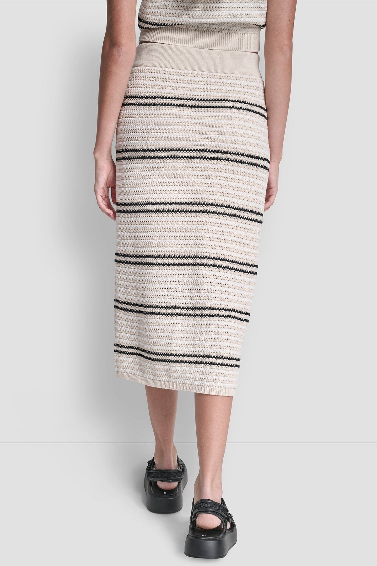 DKNY STRIPED POINTELLE STITCH MIDI SKIRT