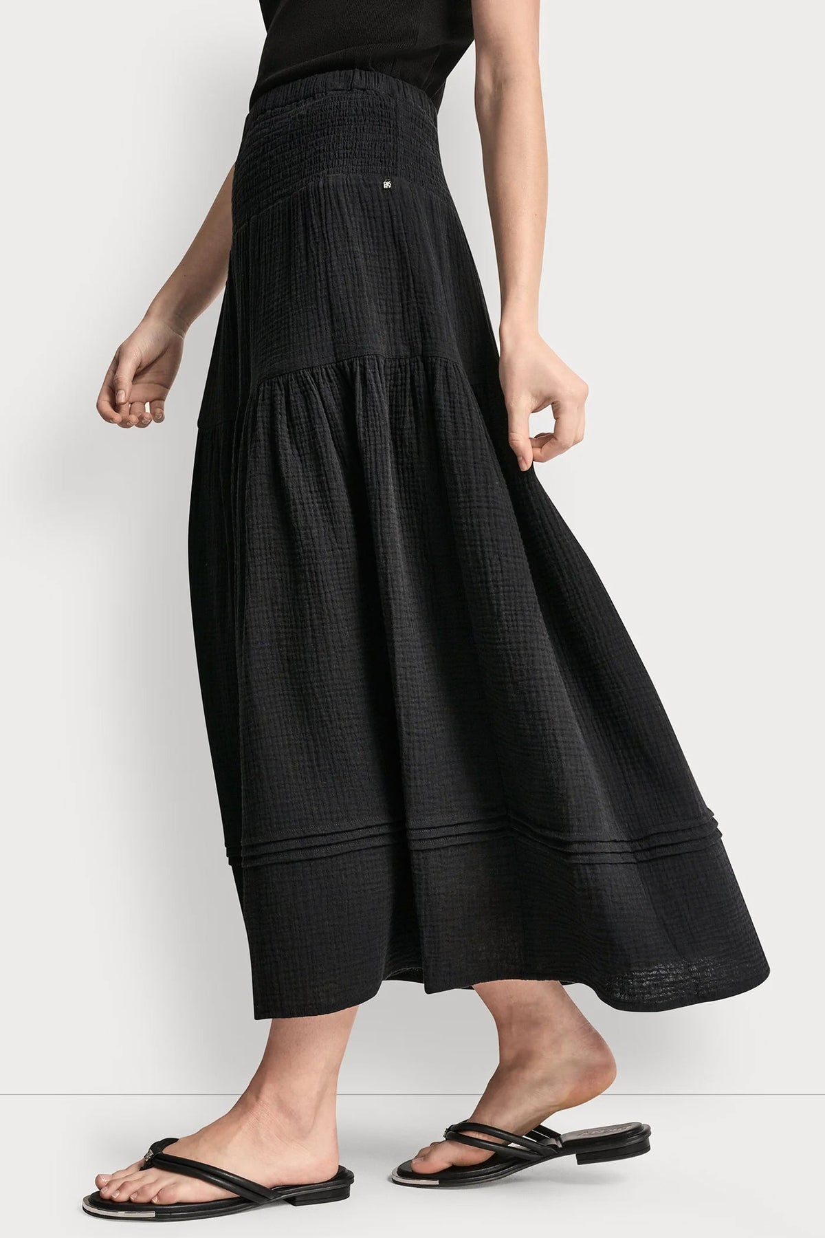 DKNY SMOCKED WAIST MAXI TIERED SKIRT