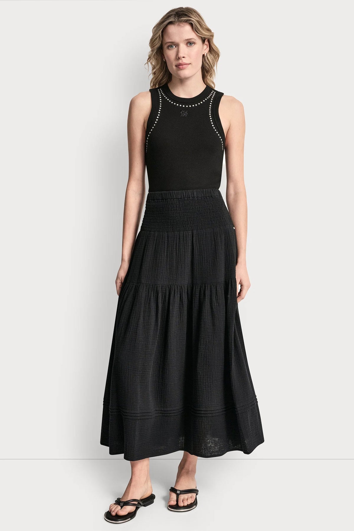 DKNY SMOCKED WAIST MAXI TIERED SKIRT