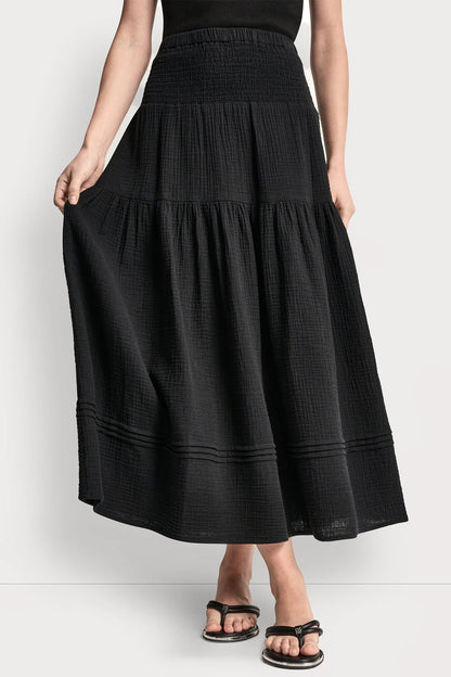 DKNY SMOCKED WAIST MAXI TIERED SKIRT