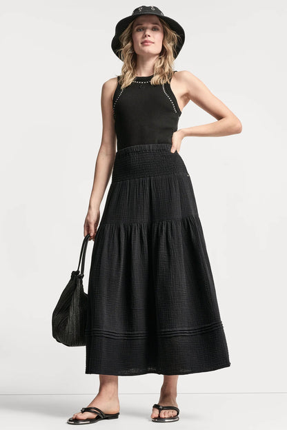DKNY SMOCKED WAIST MAXI TIERED SKIRT