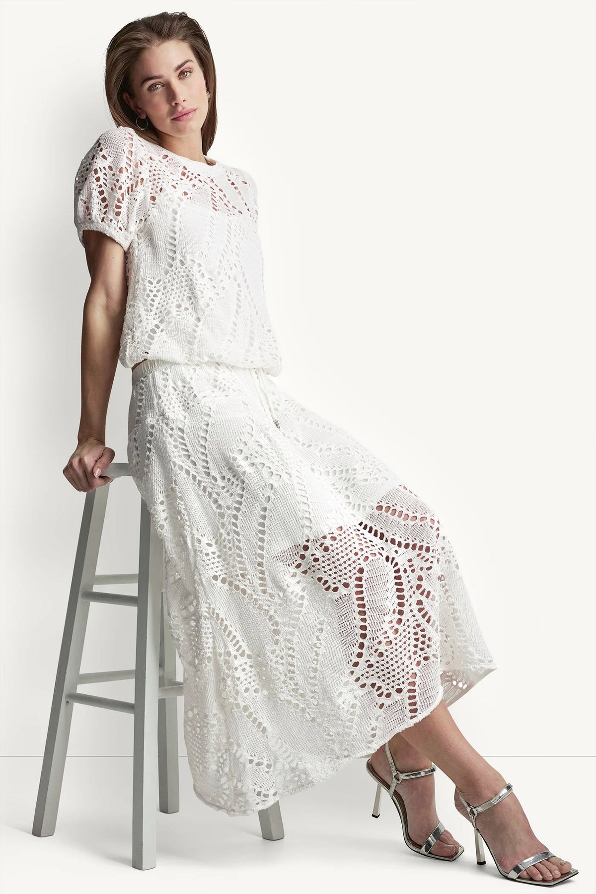 DKNY COTTON-BLEND CROCHET LEAF MIDI SKIRT