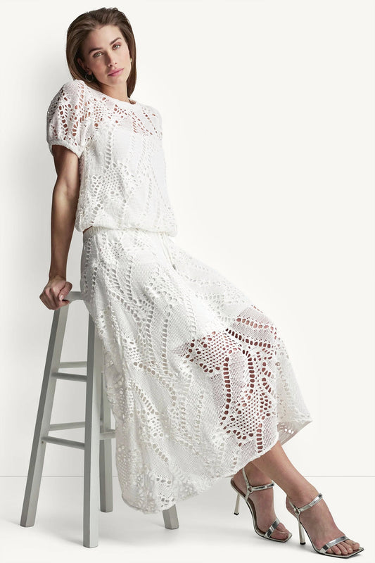 DKNY COTTON-BLEND CROCHET LEAF MIDI SKIRT