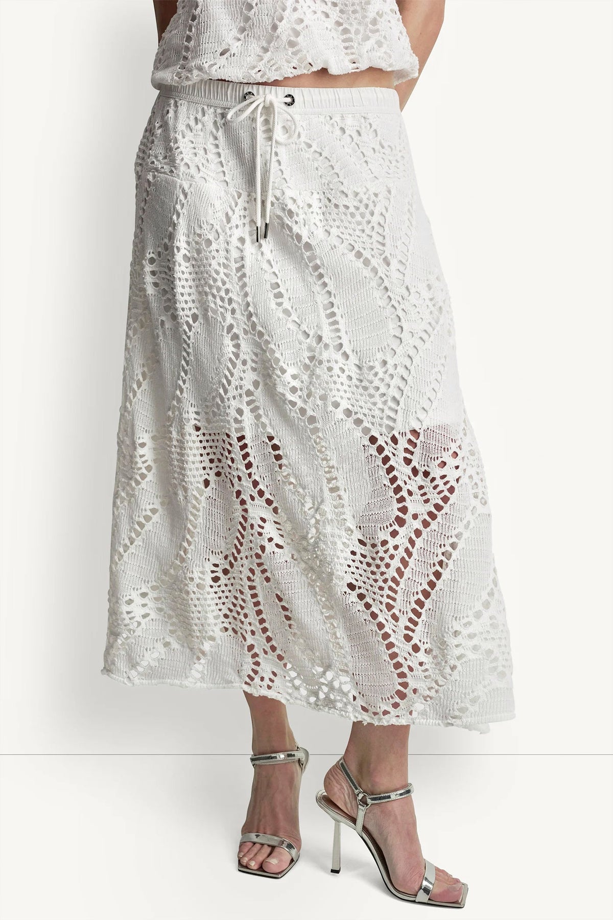 DKNY COTTON-BLEND CROCHET LEAF MIDI SKIRT