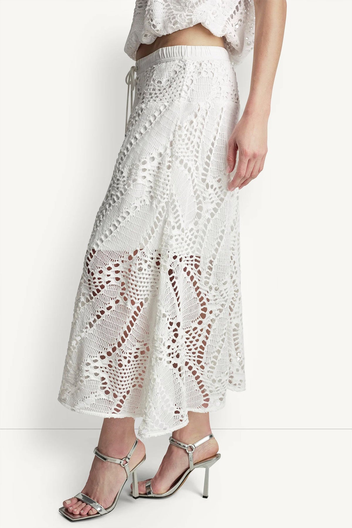 DKNY COTTON-BLEND CROCHET LEAF MIDI SKIRT