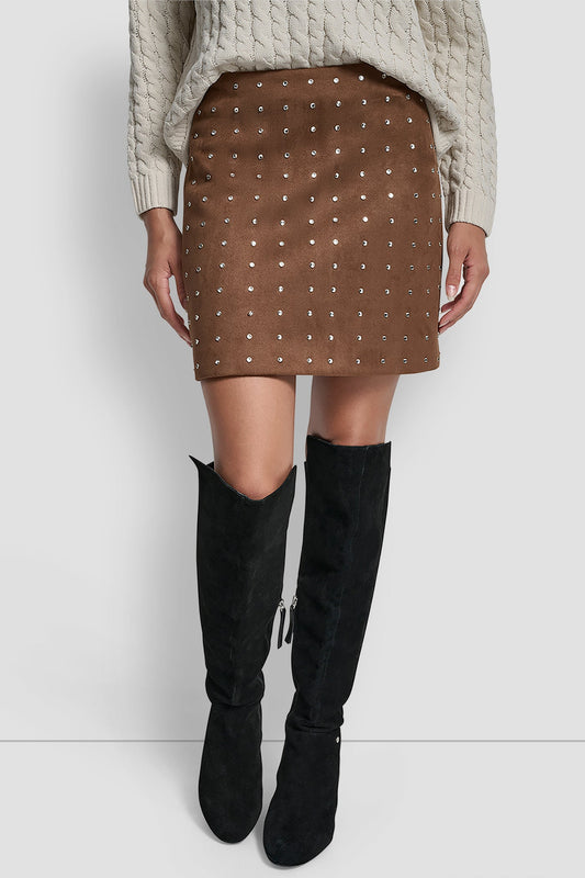 DKNY EMBELLISHED FAUX SUEDE MINI SKIRT