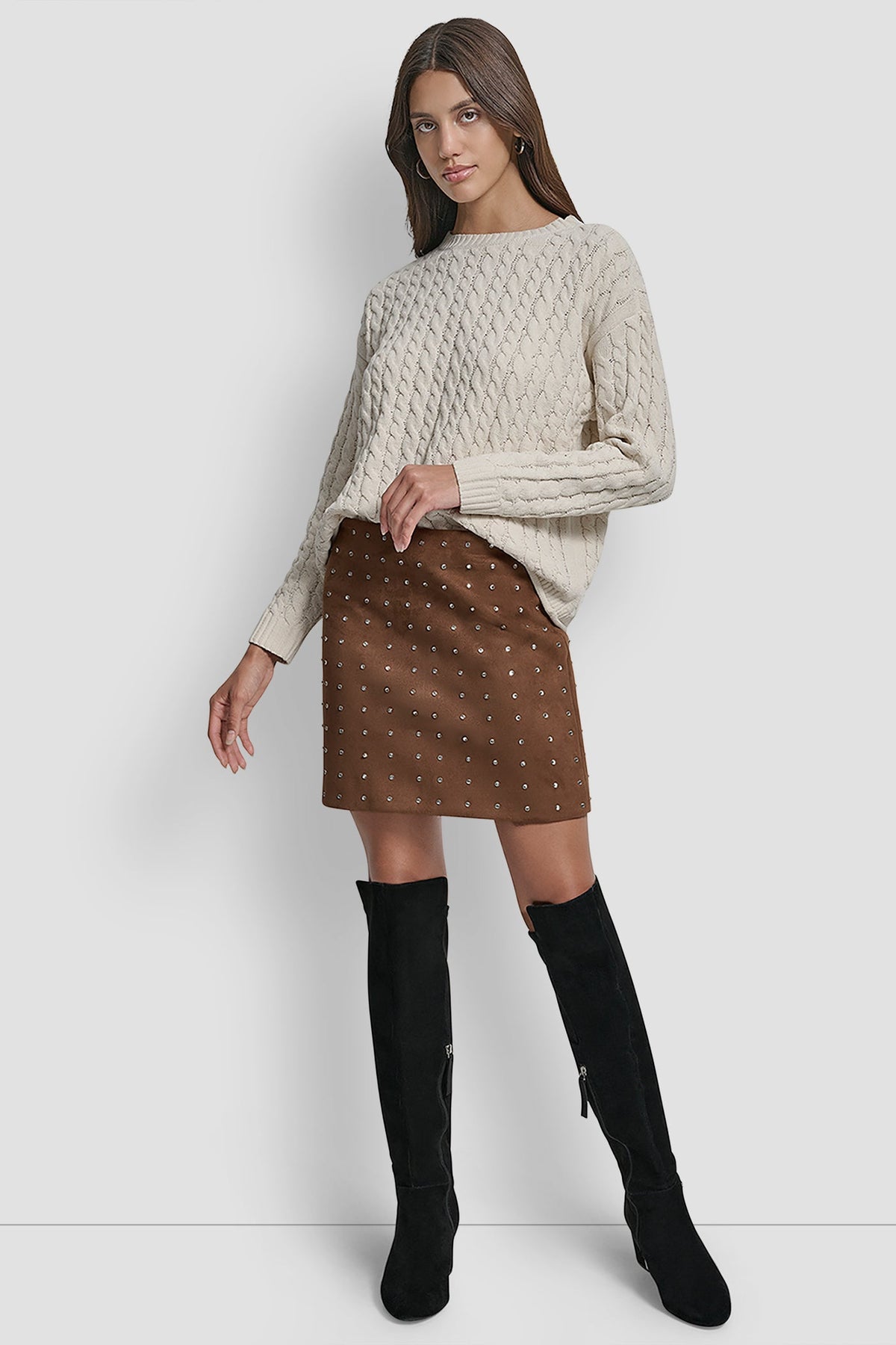DKNY EMBELLISHED FAUX SUEDE MINI SKIRT
