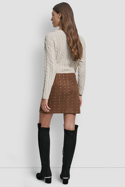 DKNY EMBELLISHED FAUX SUEDE MINI SKIRT