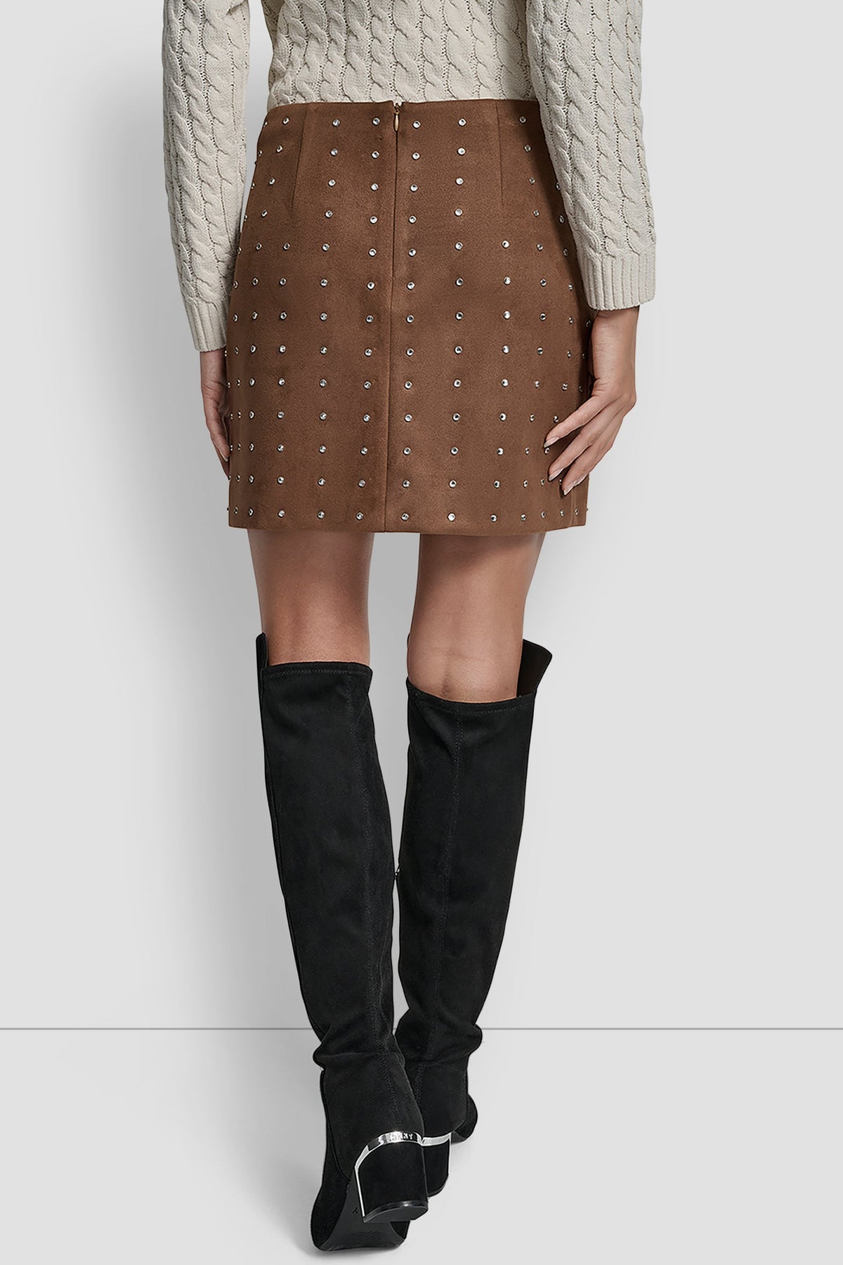 DKNY EMBELLISHED FAUX SUEDE MINI SKIRT