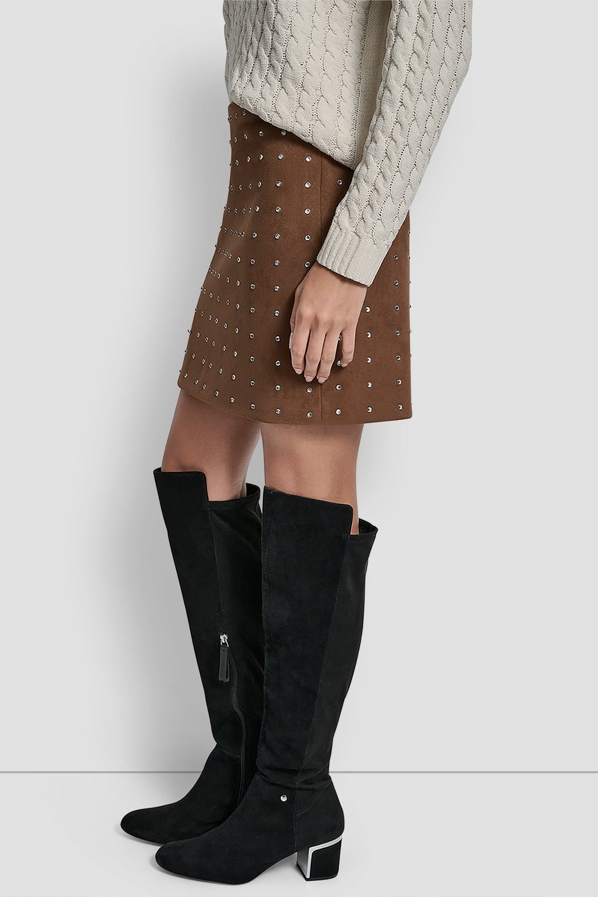 DKNY EMBELLISHED FAUX SUEDE MINI SKIRT