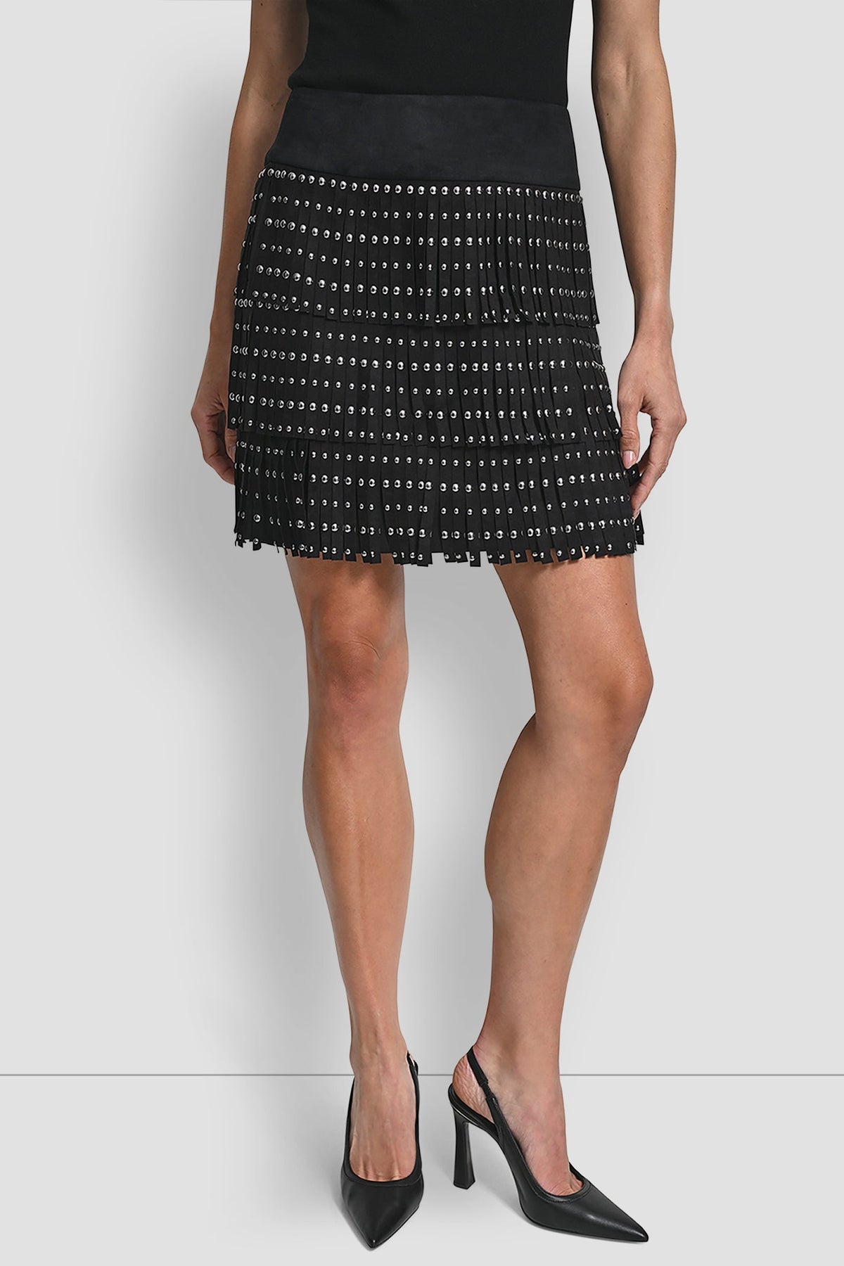 DKNY FAUX SUEDE STUDDED FRINGE MINI SKIRT