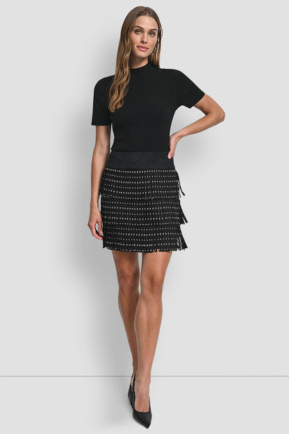 DKNY FAUX SUEDE STUDDED FRINGE MINI SKIRT