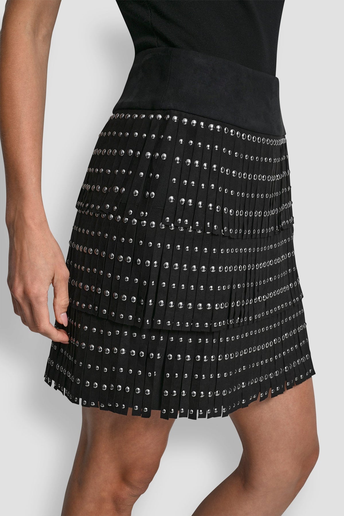 DKNY FAUX SUEDE STUDDED FRINGE MINI SKIRT