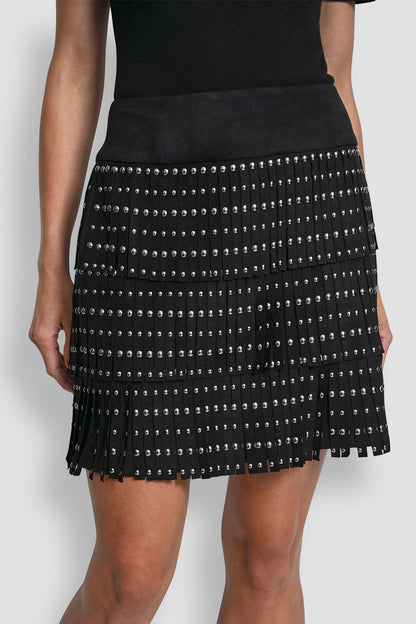 DKNY FAUX SUEDE STUDDED FRINGE MINI SKIRT