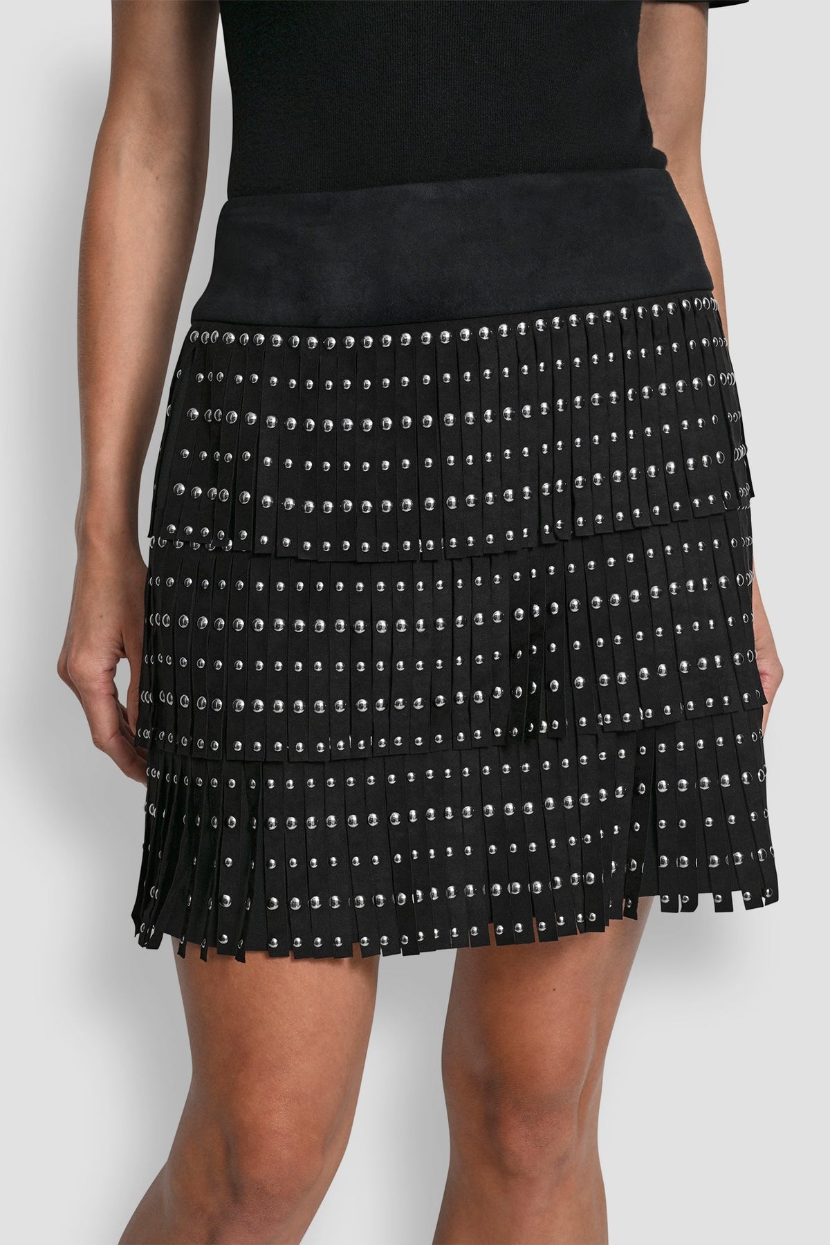 DKNY FAUX SUEDE STUDDED FRINGE MINI SKIRT