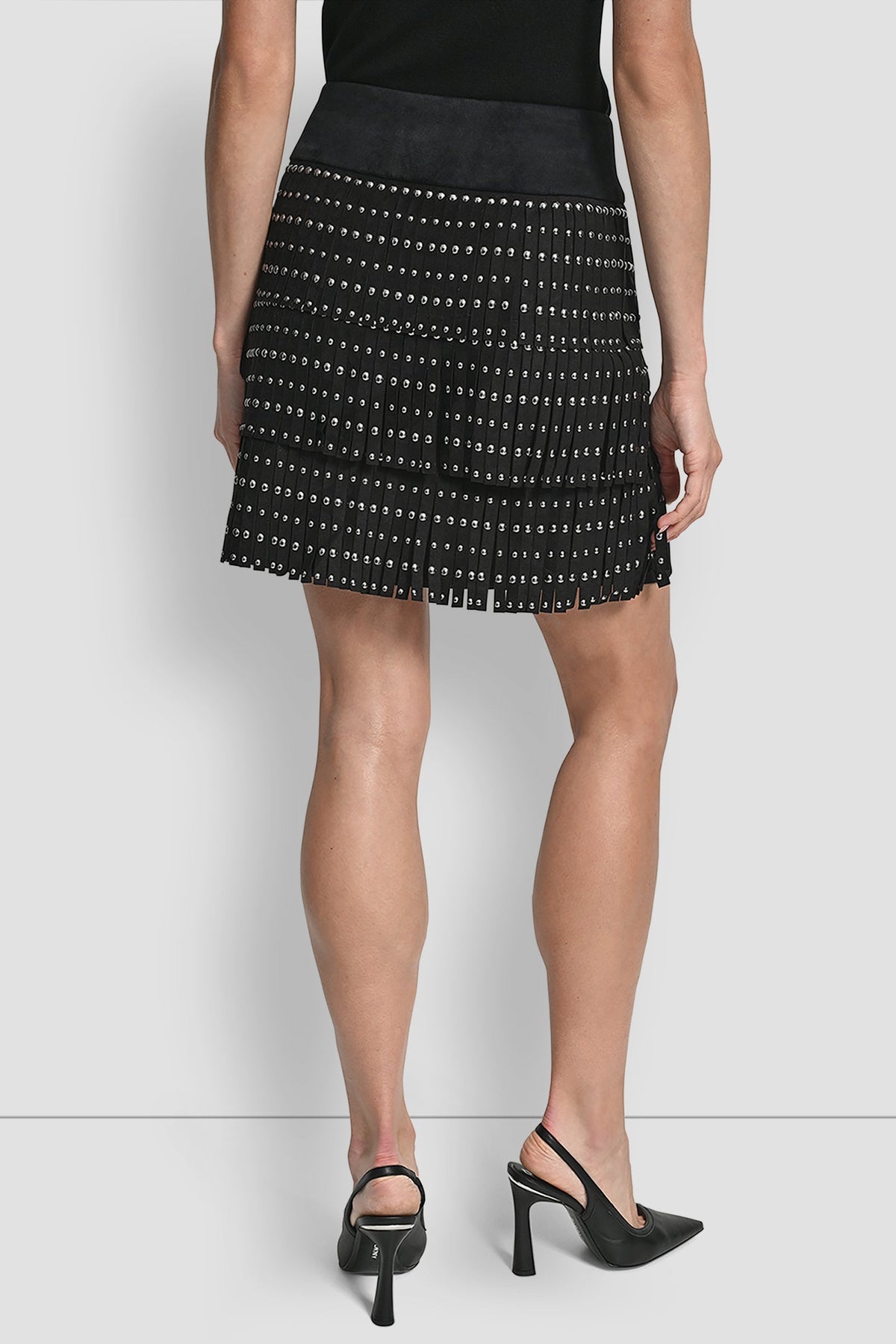 DKNY FAUX SUEDE STUDDED FRINGE MINI SKIRT