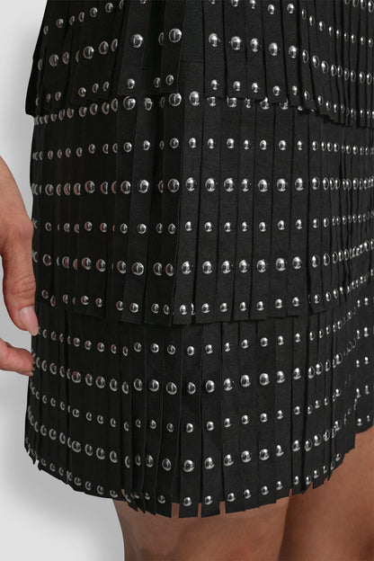 DKNY FAUX SUEDE STUDDED FRINGE MINI SKIRT