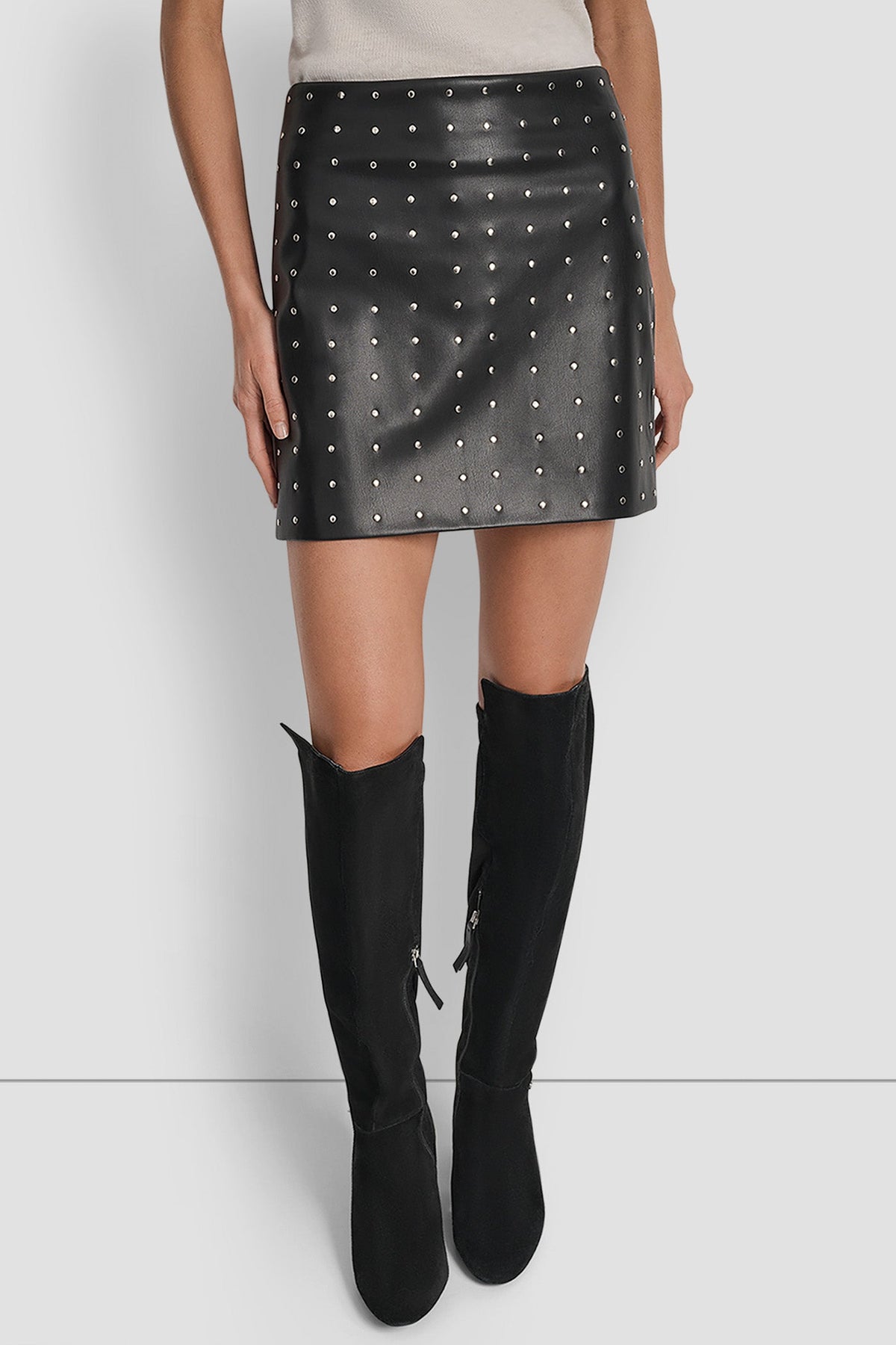 DKNY EMBELLISHED FAUX LEATHER SKIRT