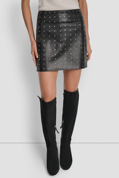 DKNY EMBELLISHED FAUX LEATHER SKIRT
