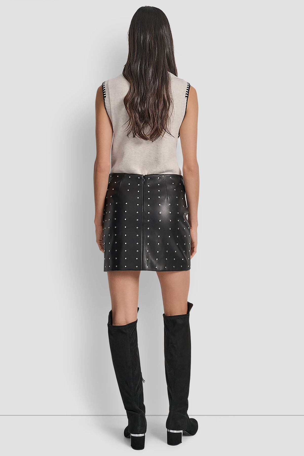 DKNY EMBELLISHED FAUX LEATHER SKIRT