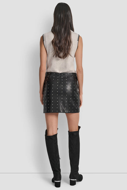 DKNY EMBELLISHED FAUX LEATHER SKIRT