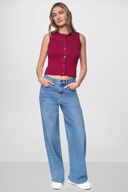DKNY CROPPED SLEEVELESS LOGO TRIM SWEATER