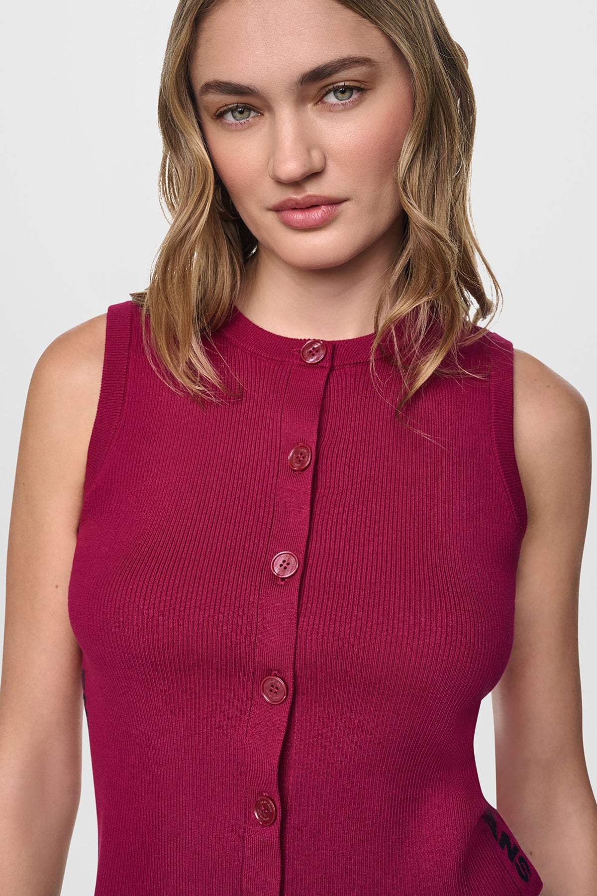 DKNY CROPPED SLEEVELESS LOGO TRIM SWEATER