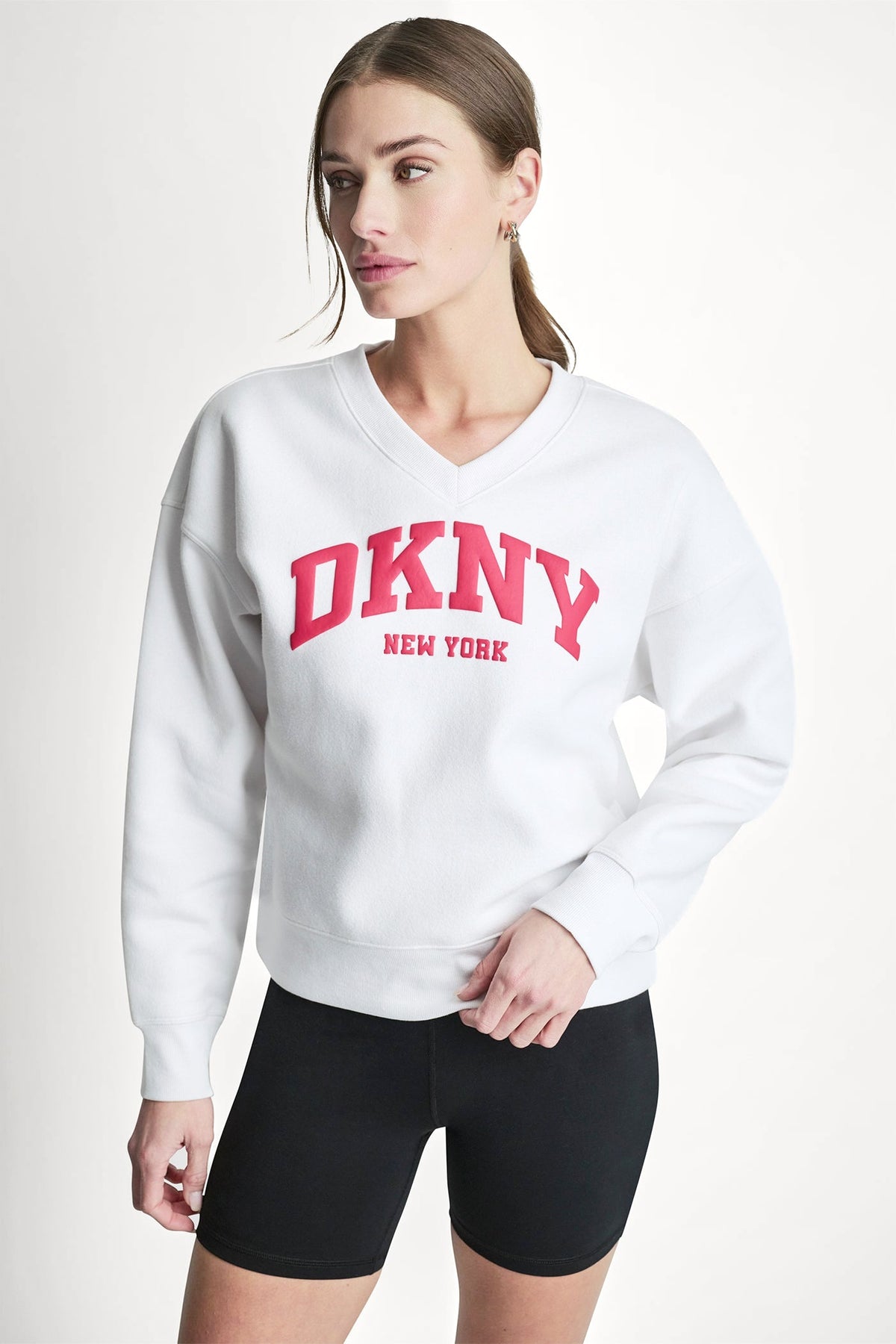 DKNY PUFF VARSITY LOGO V-NECK PULLOVER