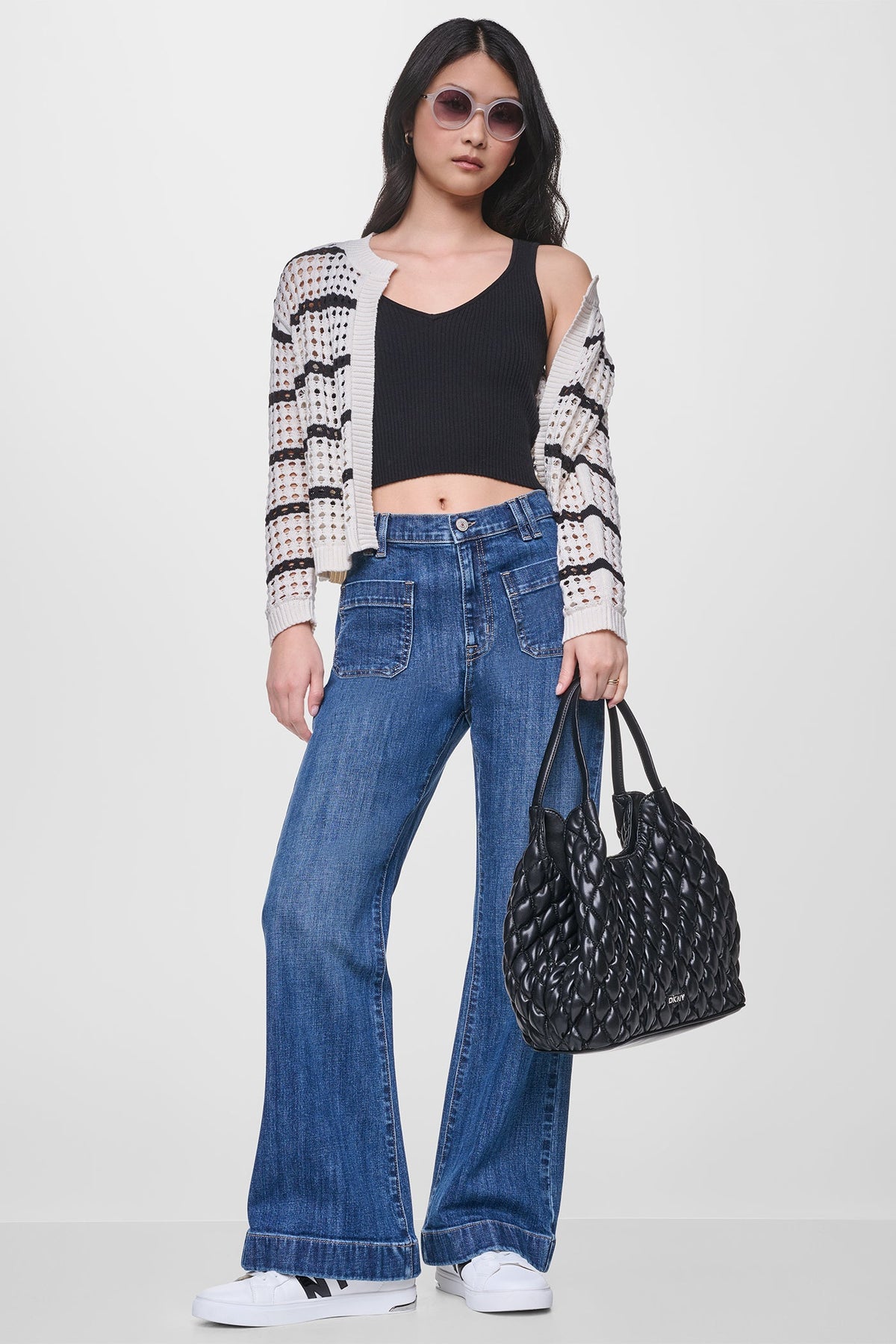 DKNY OPEN STITCH STRIPE CARDIGAN