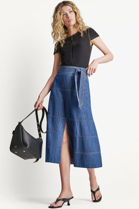 DKNY TIE WAIST CONTRAST STITCH SKIRT