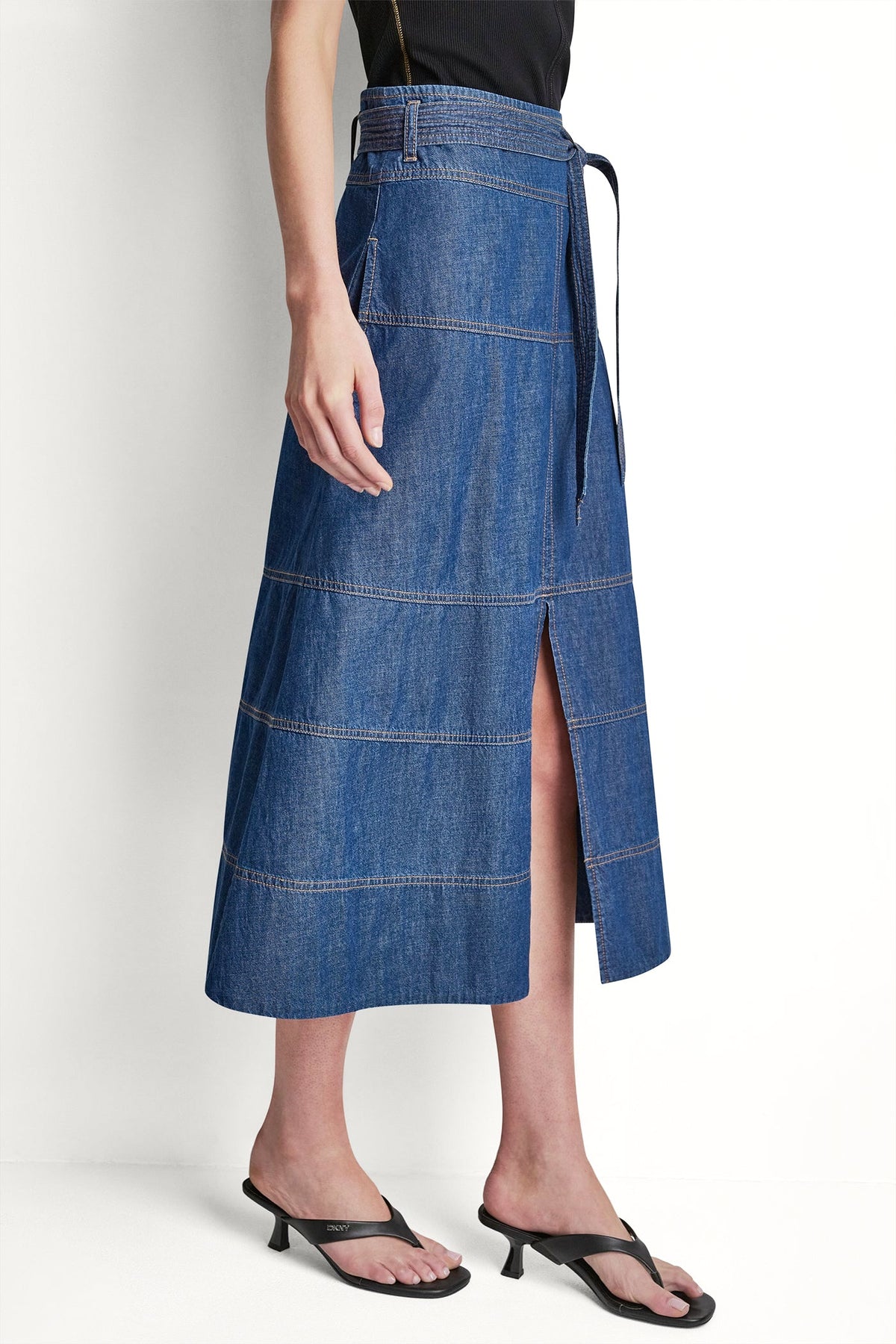 DKNY TIE WAIST CONTRAST STITCH SKIRT