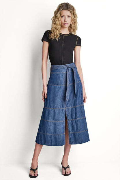 DKNY TIE WAIST CONTRAST STITCH SKIRT