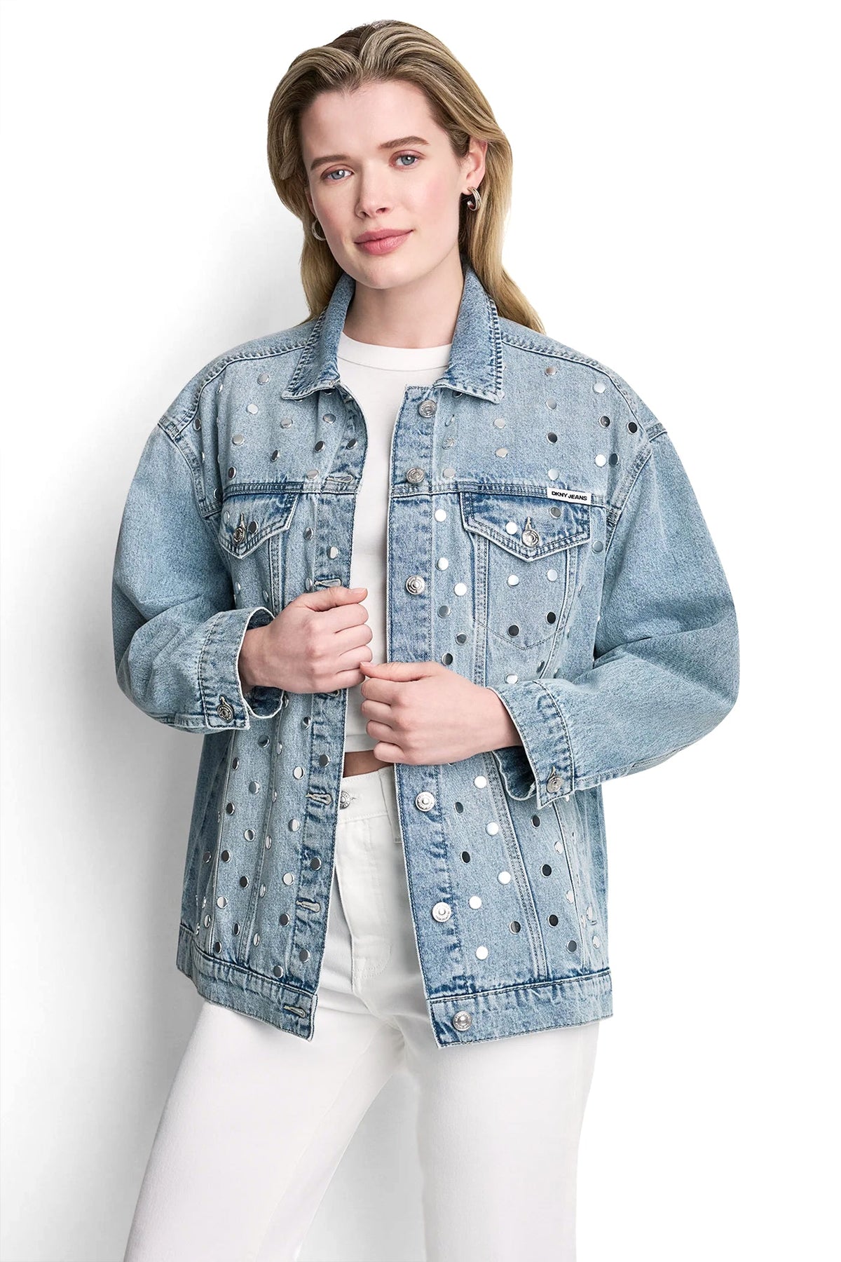 DKNY OVERSIZED DENIM TRUCKER JACKET WITH STUDS