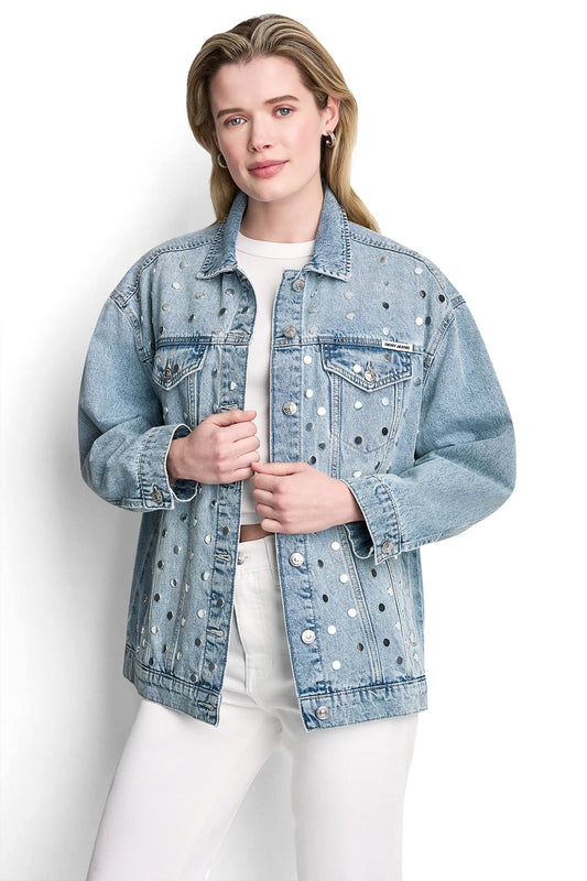 DKNY OVERSIZED DENIM TRUCKER JACKET WITH STUDS