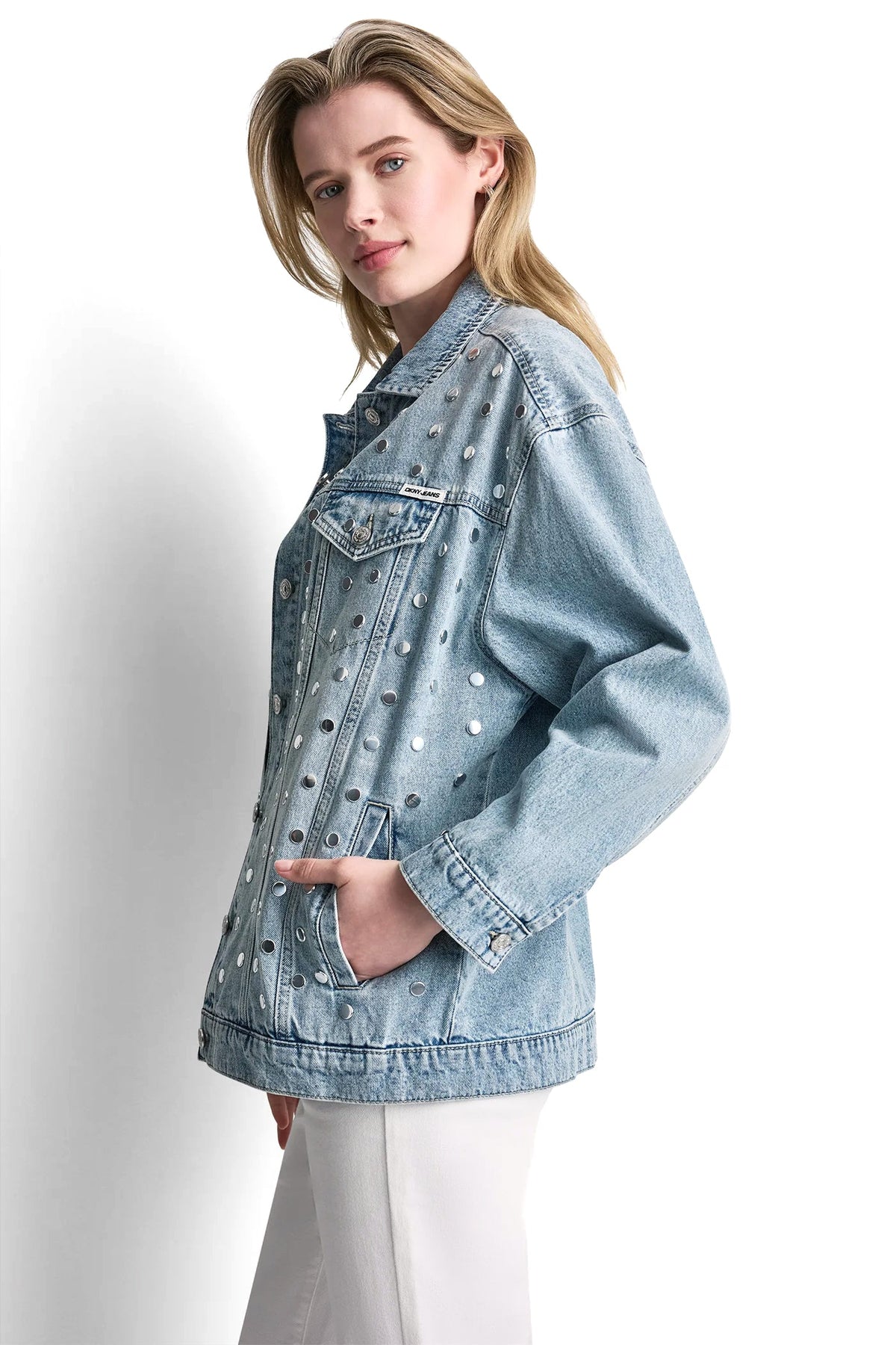DKNY OVERSIZED DENIM TRUCKER JACKET WITH STUDS